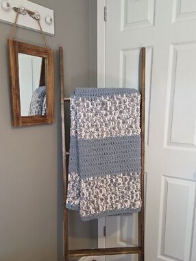 Handmade Blue, Light Grey & Cream Crochet Throw